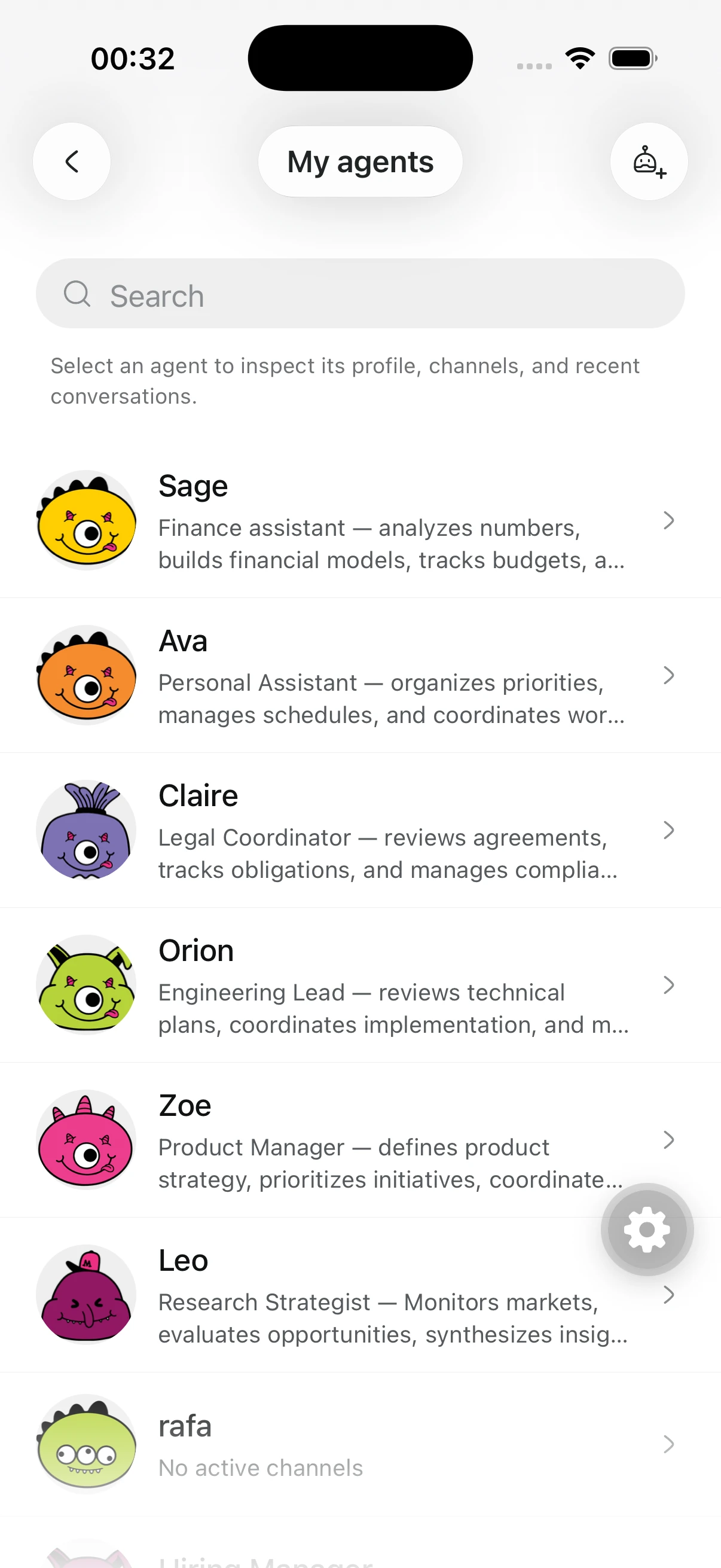 RenX iOS My agents screen with agent avatars, roles and search