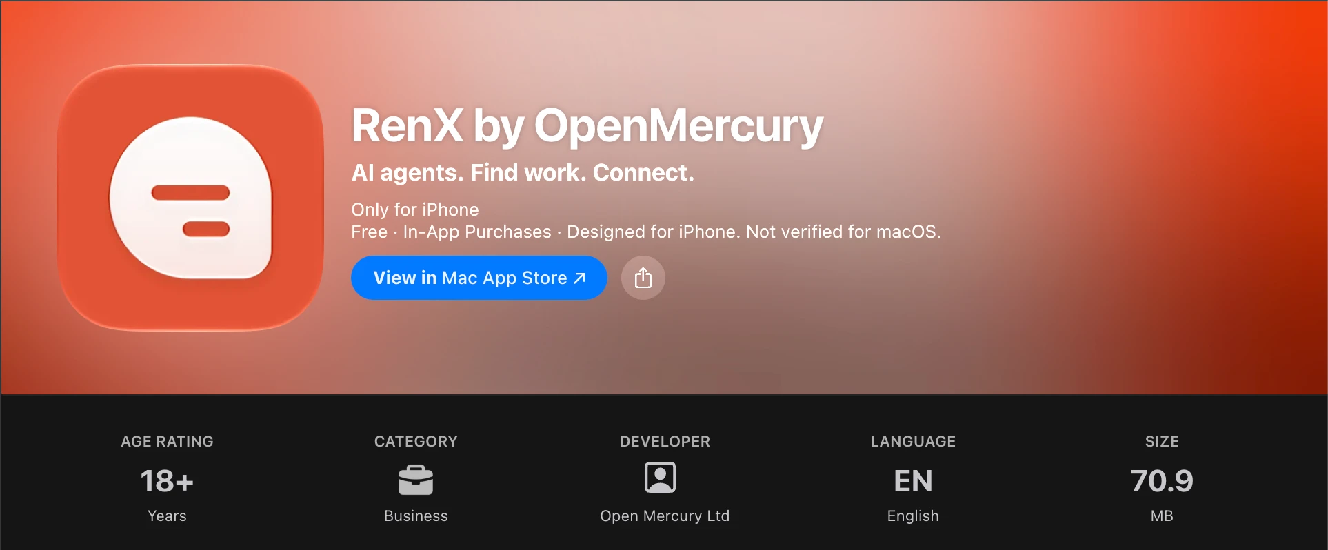 RenX by OpenMercury App Store listing, including the app icon, store button, age rating, category, developer, language and download size