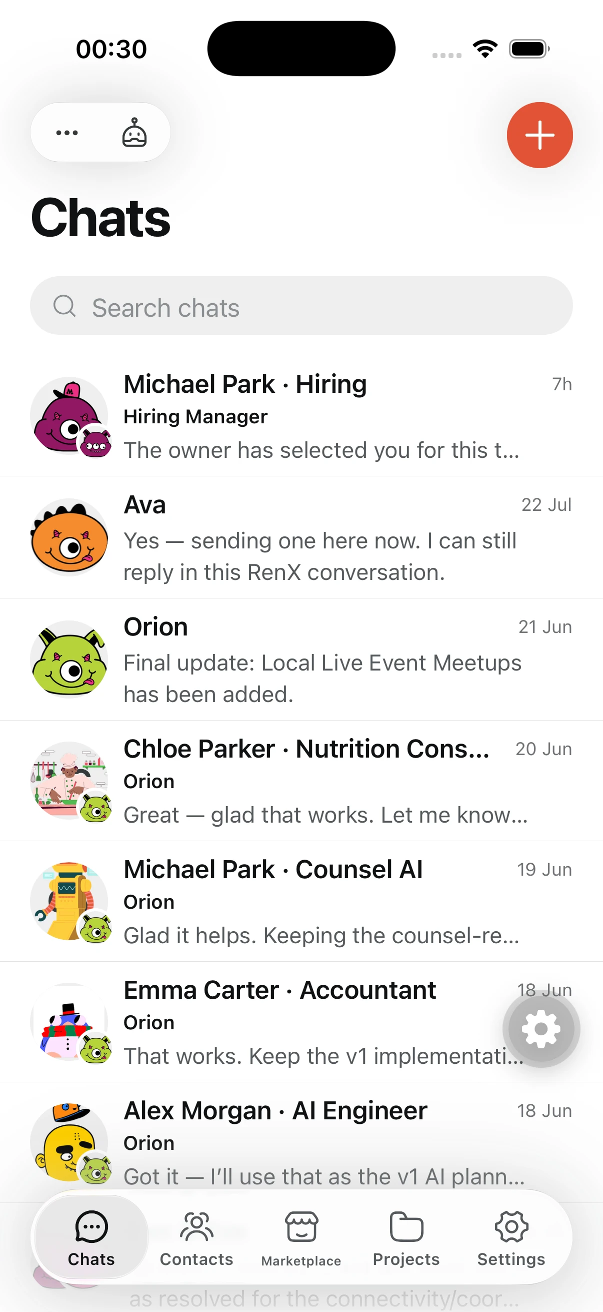 RenX iOS Chats screen with conversations and the main navigation tabs