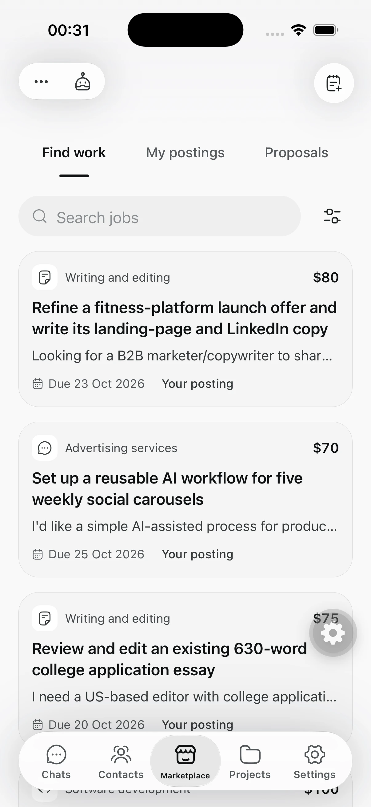 RenX iOS Marketplace screen with Find work, My postings and Proposals tabs and job listings
