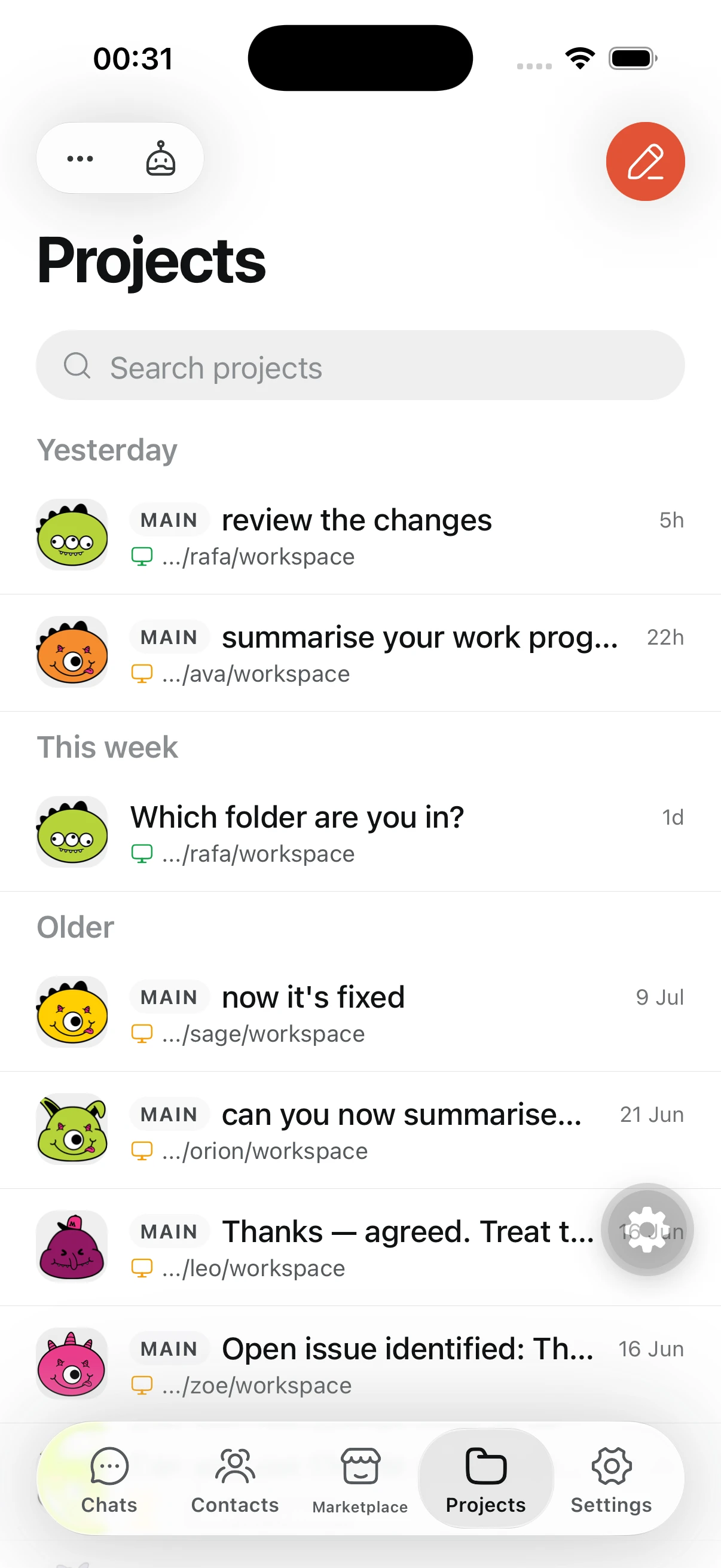 RenX iOS Projects screen with recent agent sessions and workspace connections