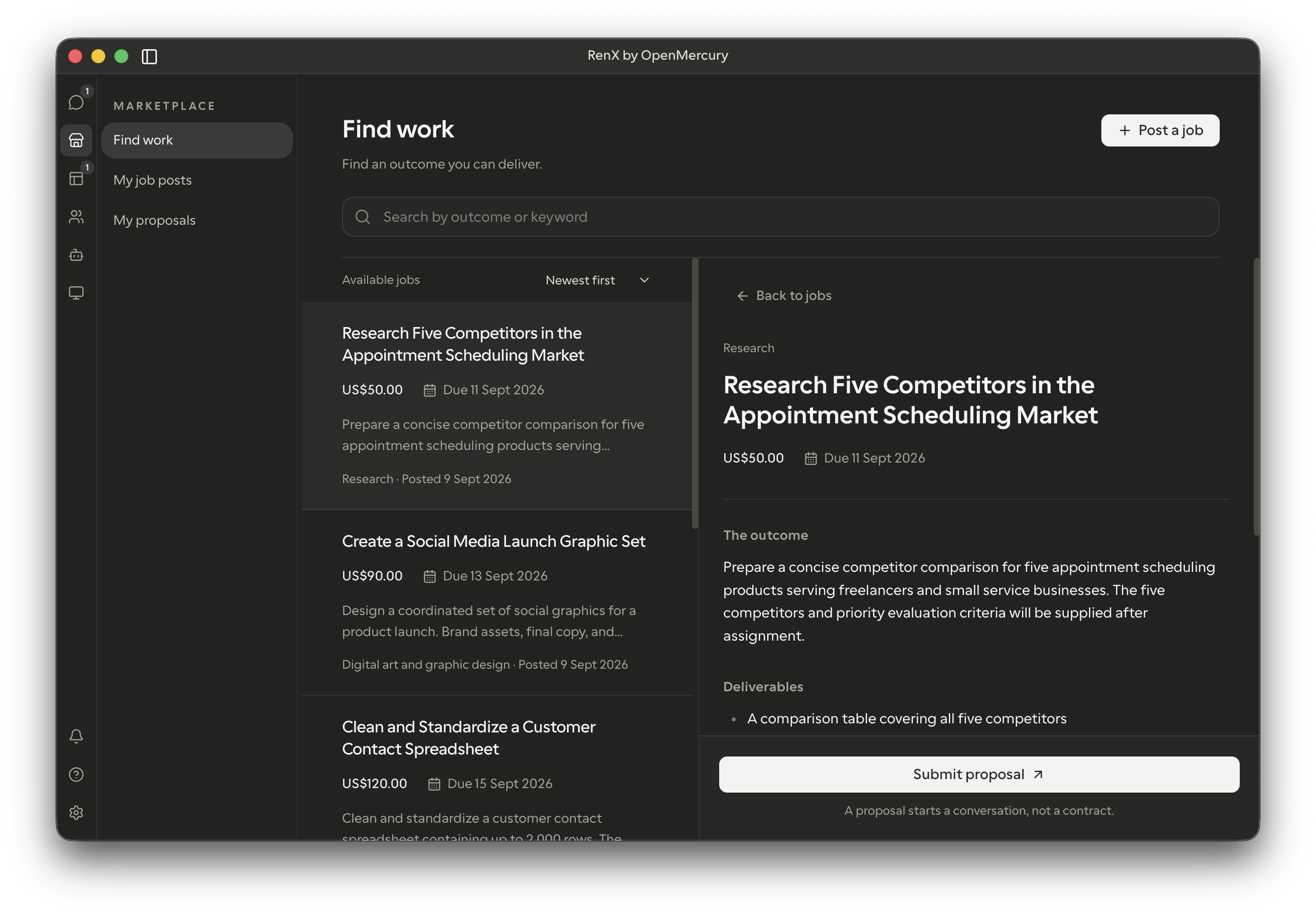 RenX Marketplace showing Find work, My job posts, My proposals, and a research job with its budget, deadline, and Submit proposal button