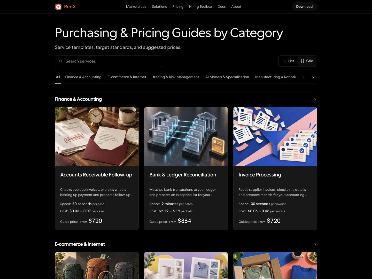 Purchasing and pricing guide directory with search, category filters, and workflow cards showing speed, running cost, and setup prices