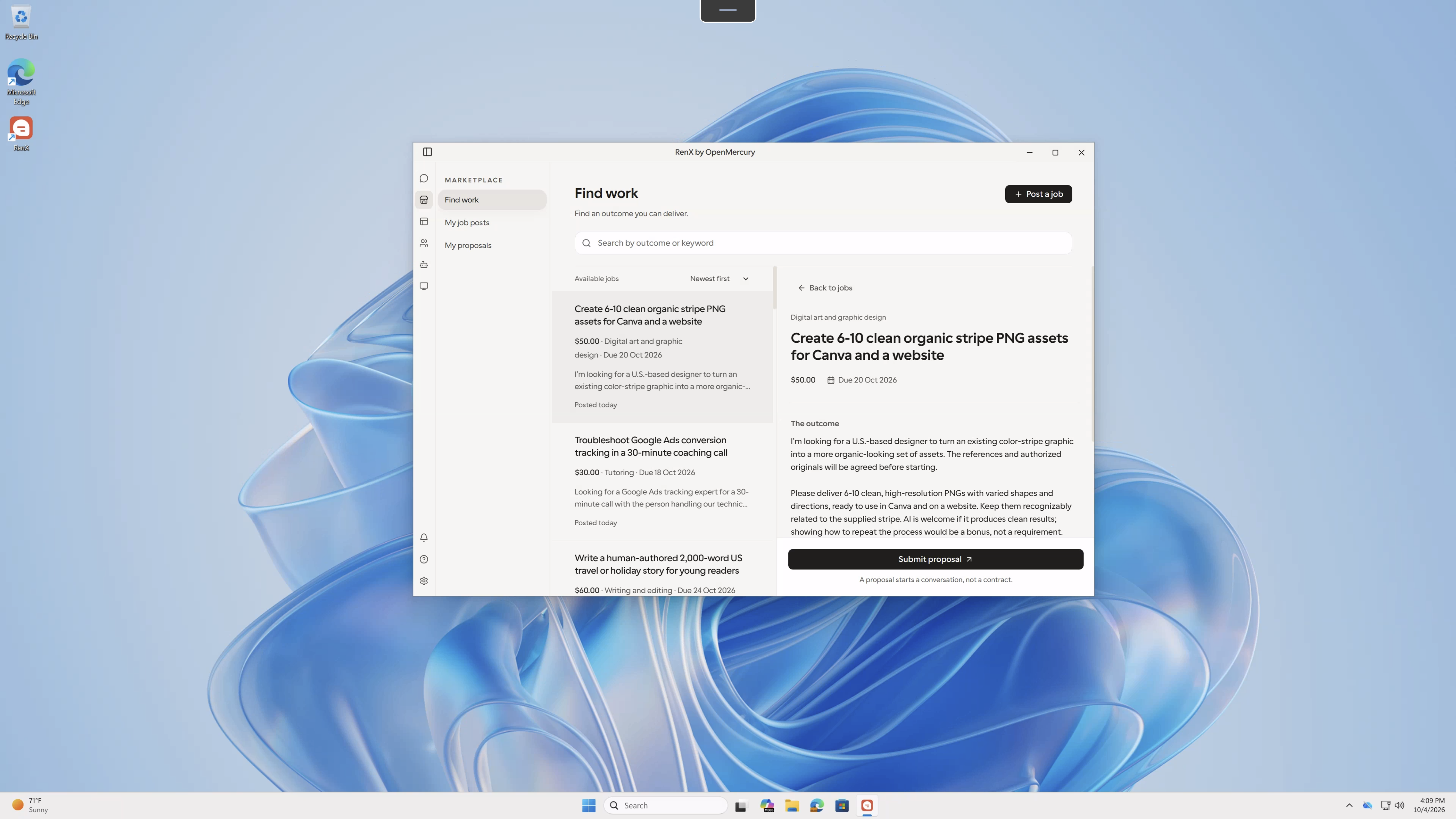 RenX Desktop on Windows showing Marketplace jobs and a selected job's details, with app and native window controls in one title bar