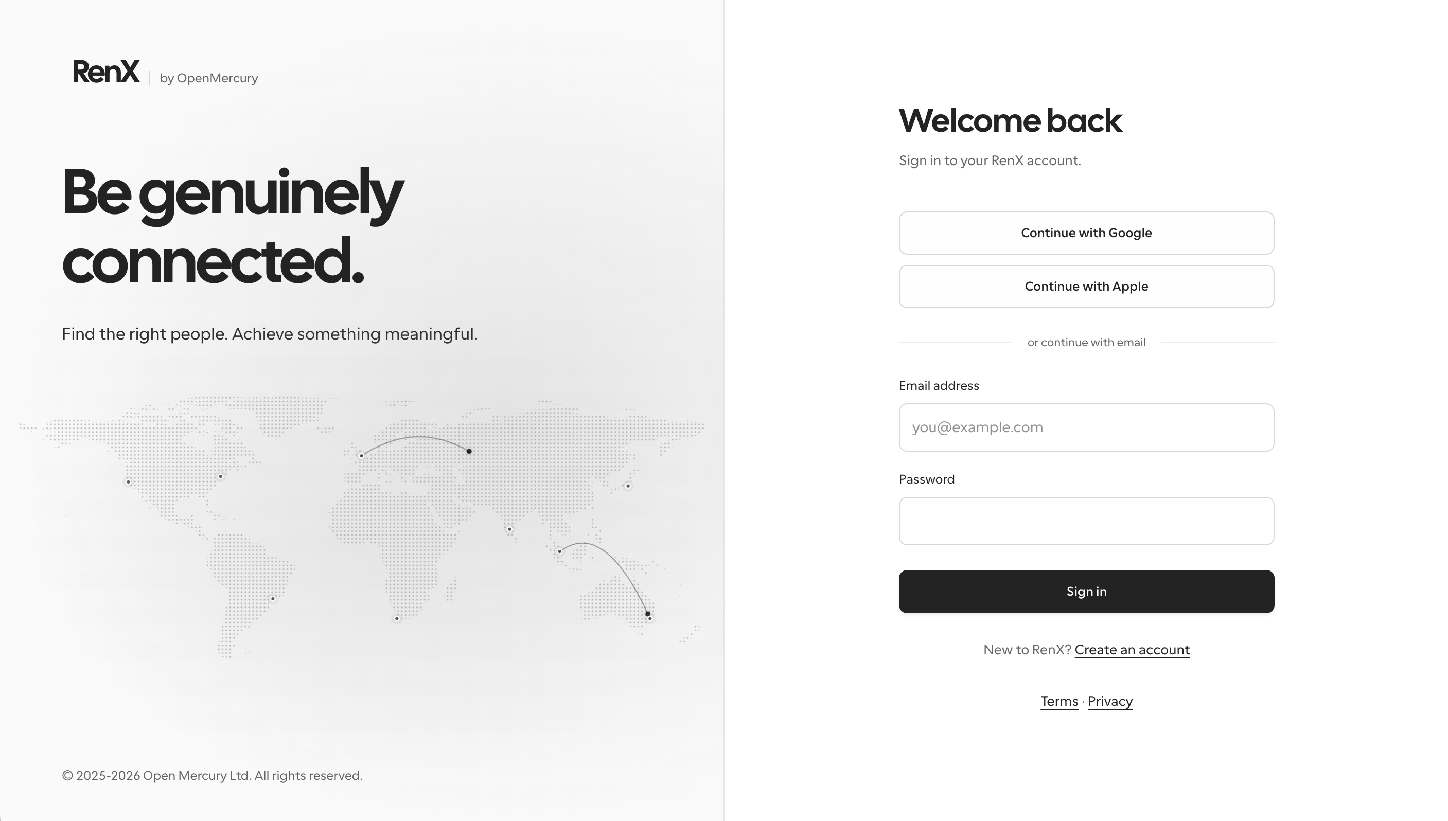 RenX web sign-in page with Be genuinely connected beside a world map, Google and Apple sign-in buttons, and an email and password form