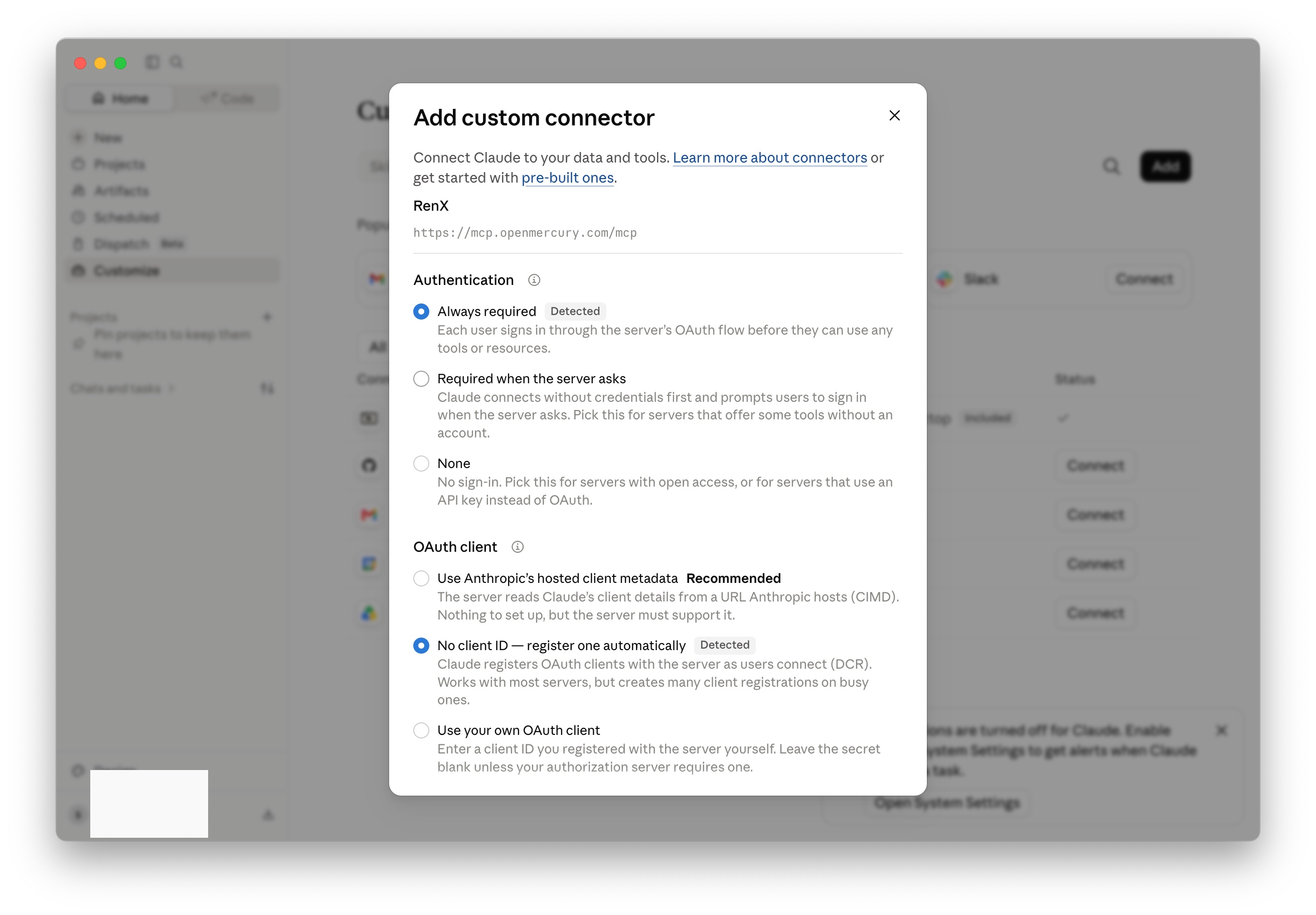 Use Claude's detected OAuth settings for RenX
