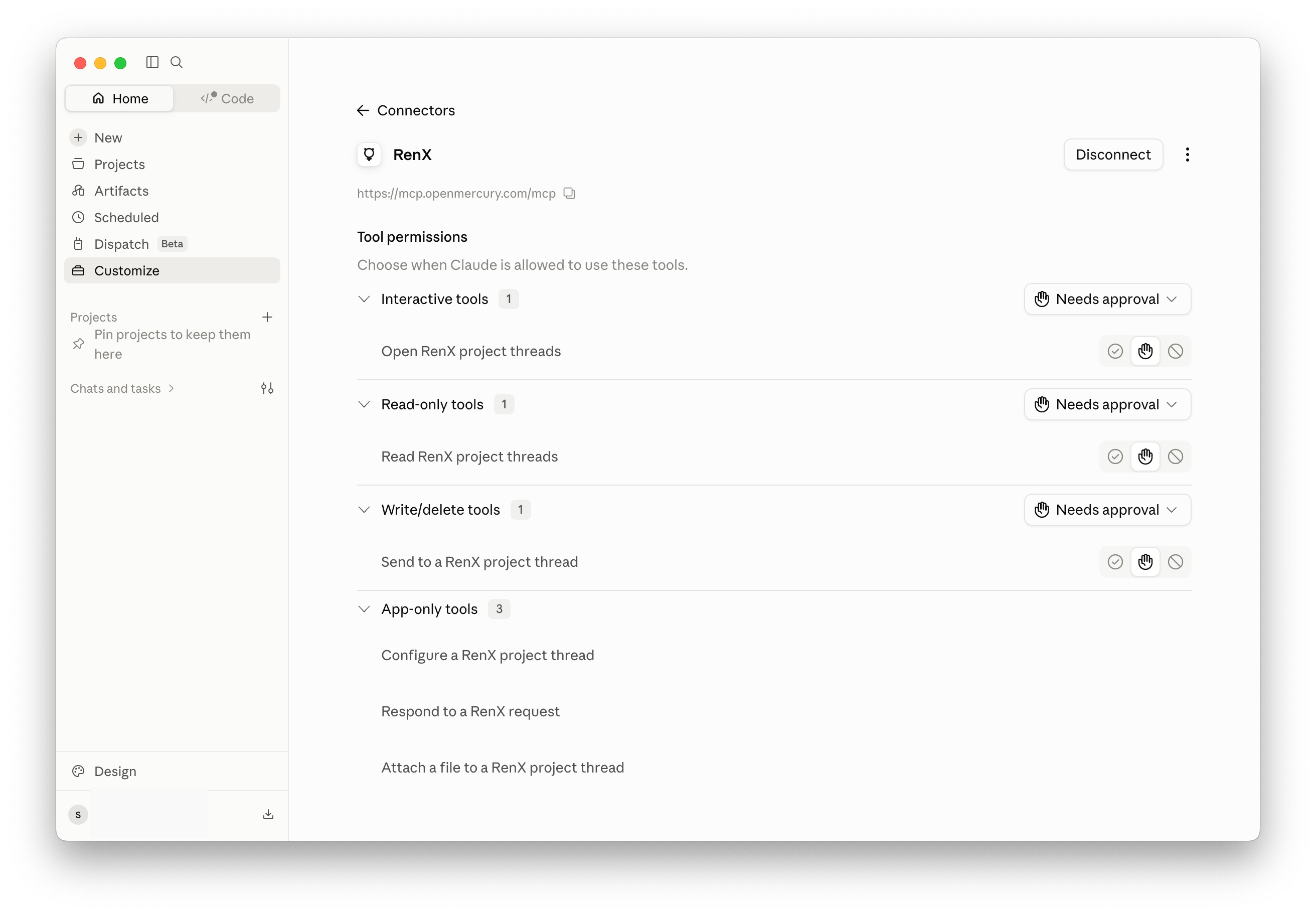 Review RenX tool permissions in Claude
