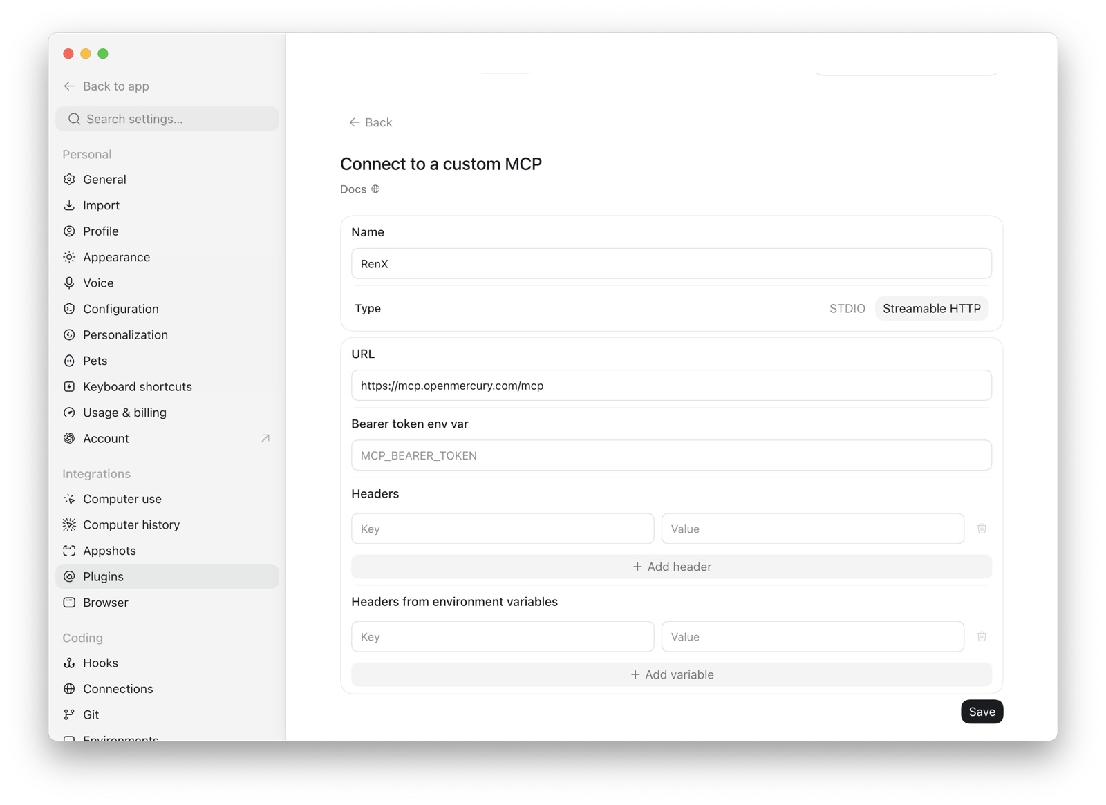 Configure the RenX Streamable HTTP server